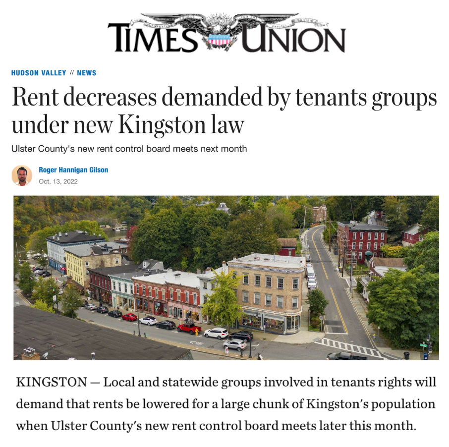 Screenshot of an article from the Times-Union that reads "Rent Decrease Demanded By Tenant Groups Under New Kingston Law" 
